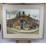 John James Original Oil Painting "Corner Shop". Signed "JJ" lower left. Typical highly detailed