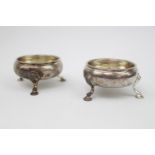 Pair of Silver George III Silver salts each on pad feet with beaded rims. 7cm in Diameter. London