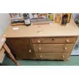 20thC Pine Drawer unit of 3 drawers with side cupboard. 110cm Width