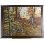 Original Framed Oil of Badgers in the Wood. Indistinctly signed lower left. Framed and glazed