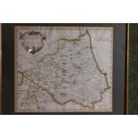 18thC Framed Coloured map of Durham by Robert Morden. 42 x 36cm