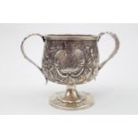 George III Silver two handled cup with chaised decoration, engraved cartouche. London 1811. 9cm in