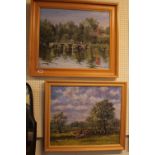 2 Framed Oil on Boards by Anthony Brown depicting 'Cows & Fields' and 'Flatford Bridge from the