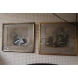 Pair of Edwardian framed and mounted pencil and watercolour pictures of women seated with child