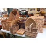 Collection of assorted Wicker items inc. Flower Basket. Picnic Hamper, Log Baskets