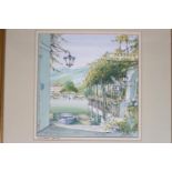 Derek Essex; 'Sun & Shadows' Lake Orta framed mounted watercolour. 20cm x 20cm