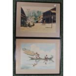 2 Cantonese watercolours depicting a fishing boat and a village scene signed M. Noor