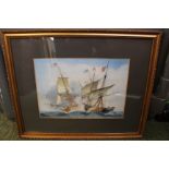 Michel J Barton water colour of two ships at battle.