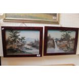 Pair of Chinese Oil on boards depicting pagoda scenes. 38 x 28cm