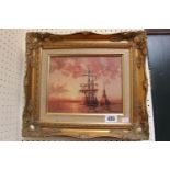 Gilt framed 20thC Oil on canvas of Galleons signed W.Venneremp. 24 x 18cm