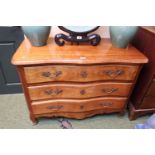 20thC French Louis XV Serpentine fronted 3 drawer chest of 3 drawers with brass foliate handles over