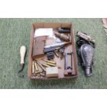 Powder Flask, Bullet key rings, gun grips and other military items