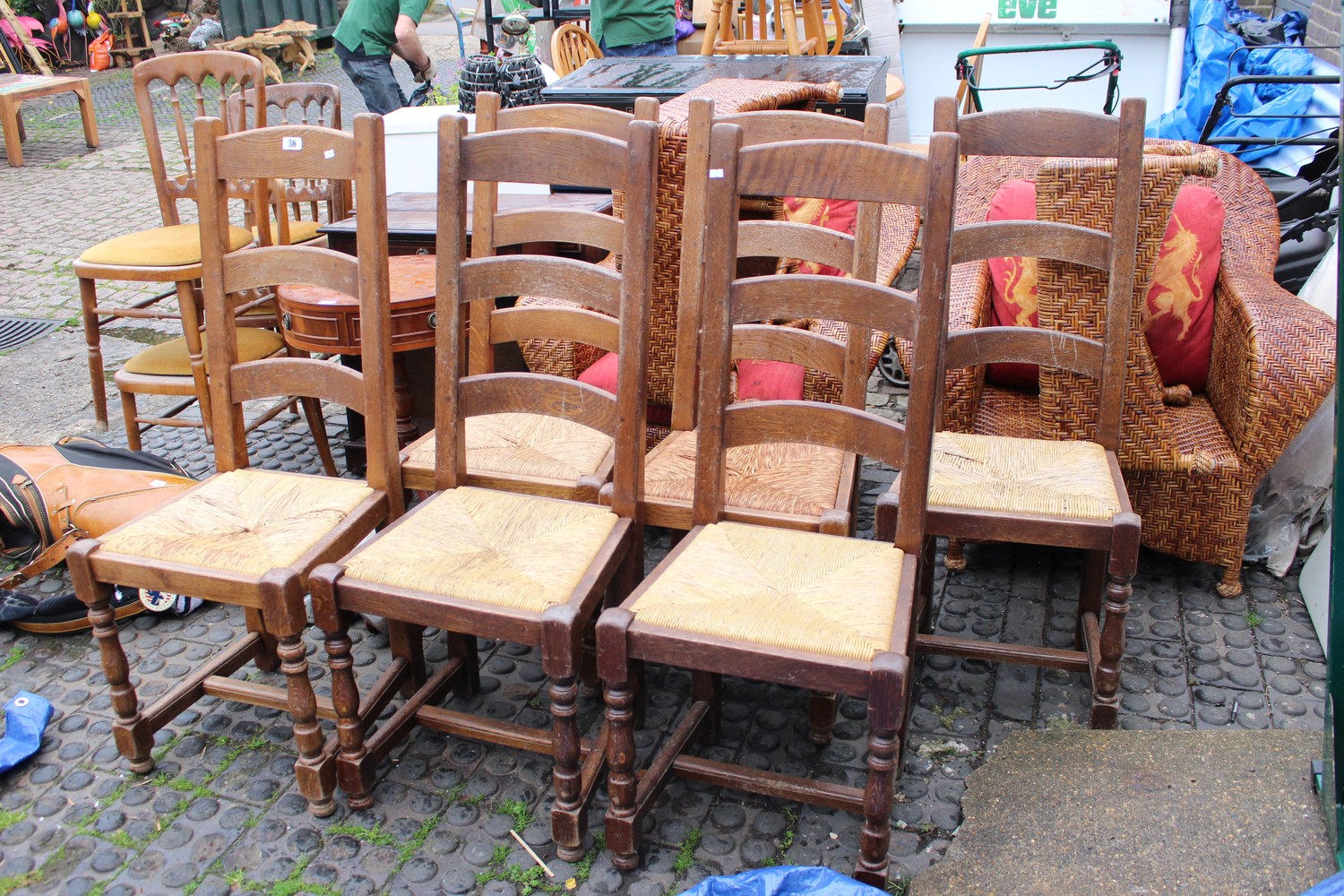 Set of 6 20thC Rush Seated Ladder back dining chairs