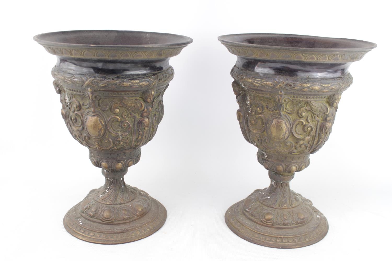 Pair of Late Victorian Heavy 2 part Cast Altar Goblet type vases with embossed Cherub and