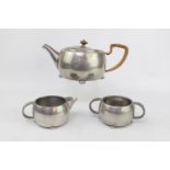 Liberty & Co English Pewter 3 Piece Tea set with Cane handle and turned knop