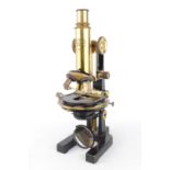 Carl Zeiss Jena Brass and Tole microscope Nr 65893 in fitted wooden case with assorted lenses.