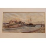 Mounted watercolour by George Beldam, East Anglian school fishing village scene with fishing smacks.