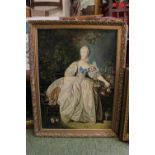 Oil on canvas of a Lady in Period dress against garden scene. 55 x 76cm