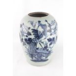 Large Antique Chinese Blue and White Ginger Jar with Chrysanthemum and Peacock decoration, stepped