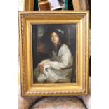 Oil on board follower of John Singer Sargent 'Woman in White Dress' in Gilt Gesso Frame. 29 x 39cm