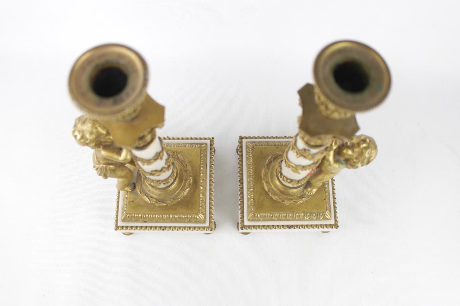 Pair of 19th century Louis XVI candlesticks of white Carrara marble and Ormolu design. 30cm in - Image 4 of 4