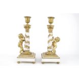 Pair of 19th century Louis XVI candlesticks of white Carrara marble and Ormolu design. 30cm in