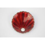 Good Quality Ivar T Holth Silver Guilloché Brooch of Shell of Red ground with bubble pearl to base