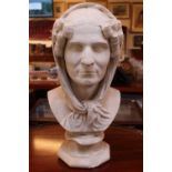 19thC Portland Stone carved bust of a Woman mounted on octagonal base. 52cm in Height