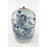 Large Antique Chinese Blue and White Ginger Jar with Chrysanthemum and Bird decoration, stepped