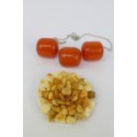 1970s Amber Floral brooch and 3 Amber Beads on White metal chain