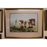 Neil Westwood (British 1947-): Framed and mounted watercolour of Hereford Cattle in a River signed