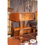 19thC Mahogany 2 drawer table with drop leaves over panelled baluster stem and trefoil supports.