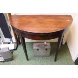 19thC Fold over Mahogany card table with inlaid front over tapering legs. 94cm in Width