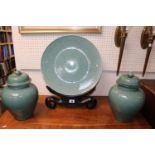 20thC Chinese Green crackle glazed Charger on ebonised stand and a Pair of matching lidded ginger