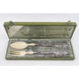 Good quality cased French Silver handled salad servers with Bakelite Ivory effect ends