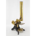 A Victorian Knott & Co of Liverpool lacquered brass cased monocular compound microscope, in fitted