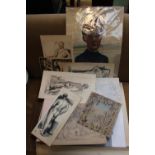 Large Portfolio of various etchings, watercolours inc. R A Storey Portrait of a Girl dated 1959