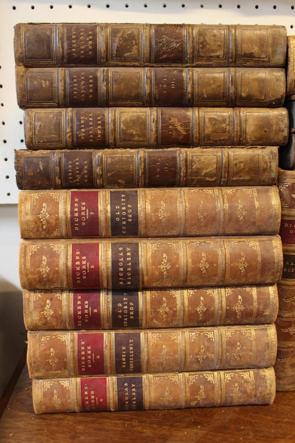 Collection of 19thC Leather bound books inc. Jeremy Taylors Works 1831, Dickens Works Library - Image 2 of 6