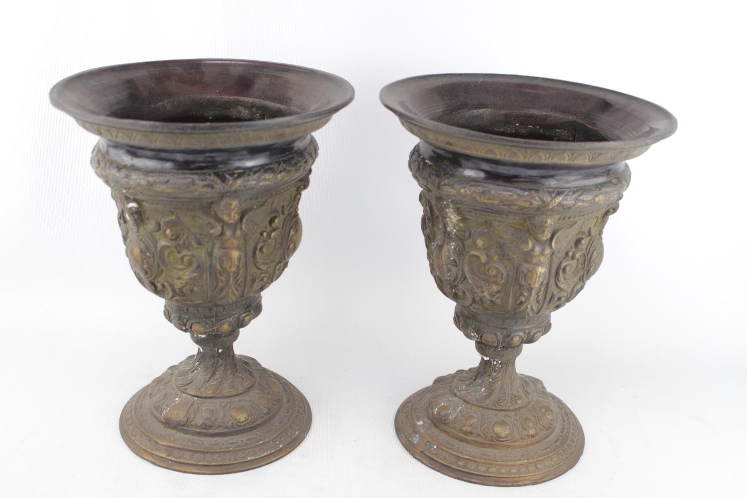 Pair of Late Victorian Heavy 2 part Cast Altar Goblet type vases with embossed Cherub and - Image 2 of 3