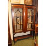 Edwardian Mahogany walnut inlaid double glazed china cabinet with lined interior over tapering
