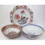 Collection of 18thC and Later Chinese ceramics hand painted Punch Bowl, 2 Charger, Large Platter,