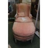 French Louis XV Style gilt gesso upholstered elbow chair and matching stool with upholstered
