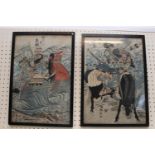 Pair of 19thC Japanese Woodcuts depicting warriors with Character marks, framed. 25 x 37cm