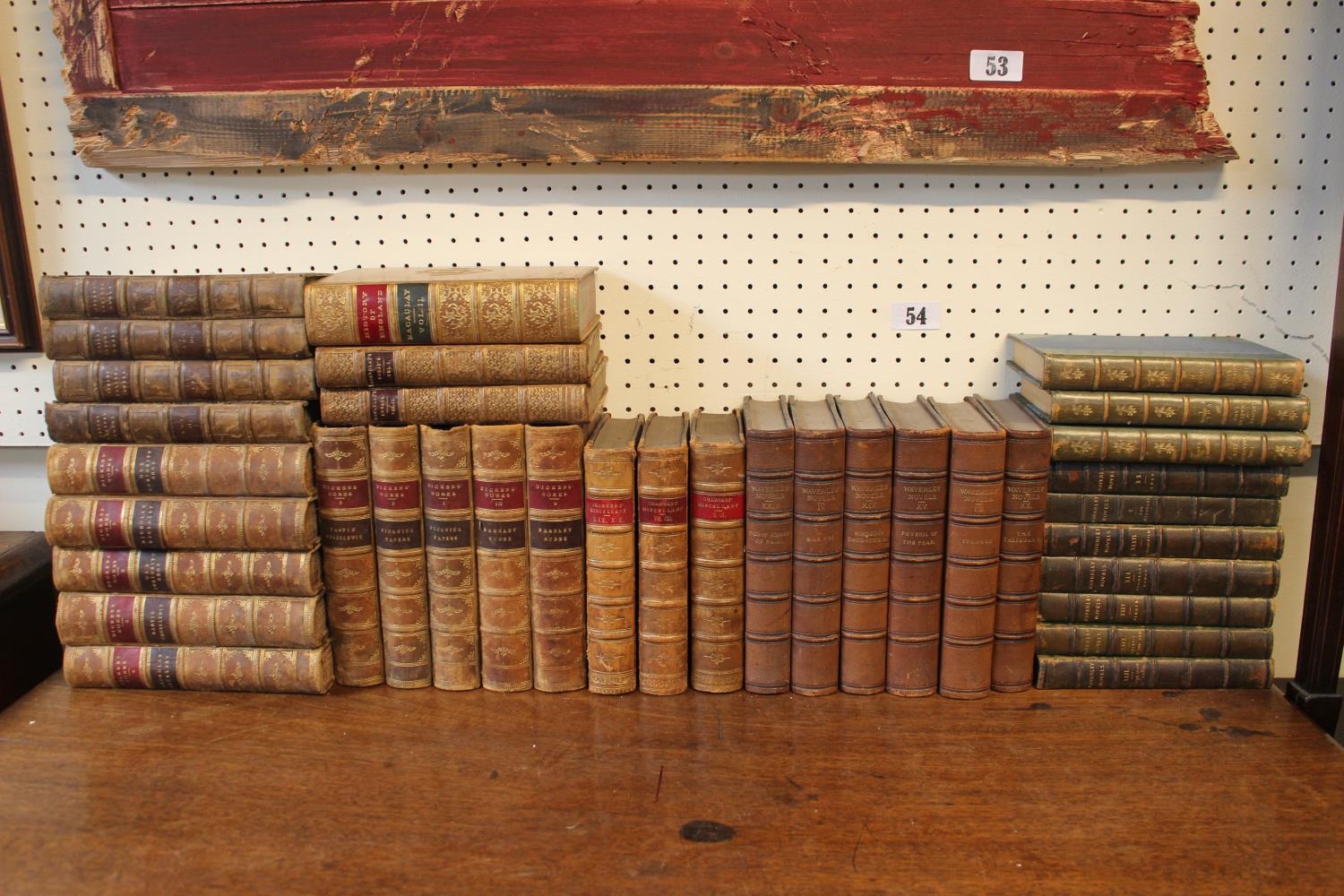 Collection of 19thC Leather bound books inc. Jeremy Taylors Works 1831, Dickens Works Library