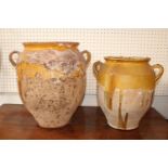 2 Chinese Lead glazed two handled Funerary type jars, 40cm & 32cm