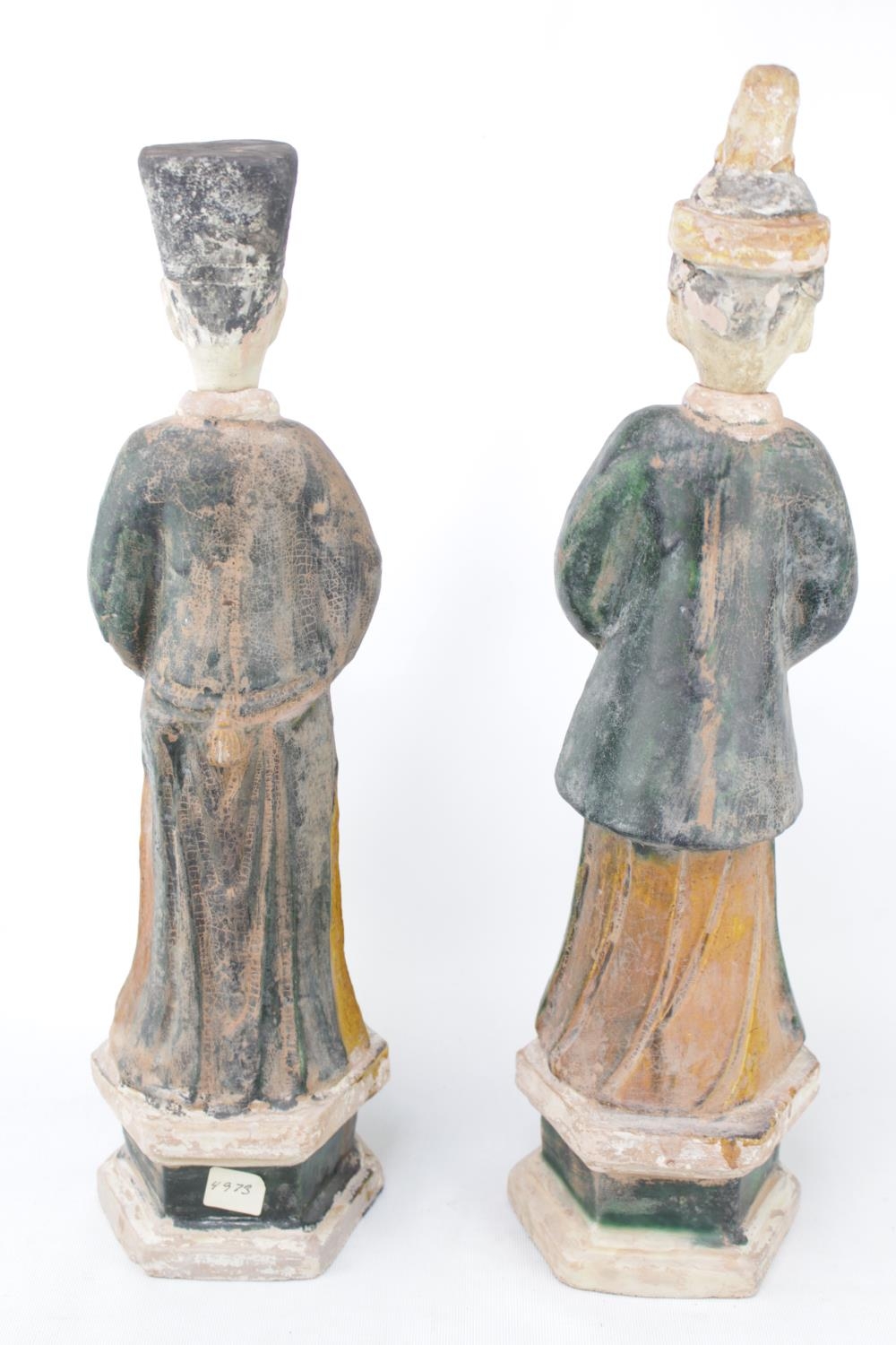 Pair of Antique Chinese green and amber lead-glazed pottery funerary figures in the form of - Image 2 of 13