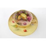 Royal Worcester Fruit decorated Cup and Saucer with signatures for A Shuck dated 1916 & 1918