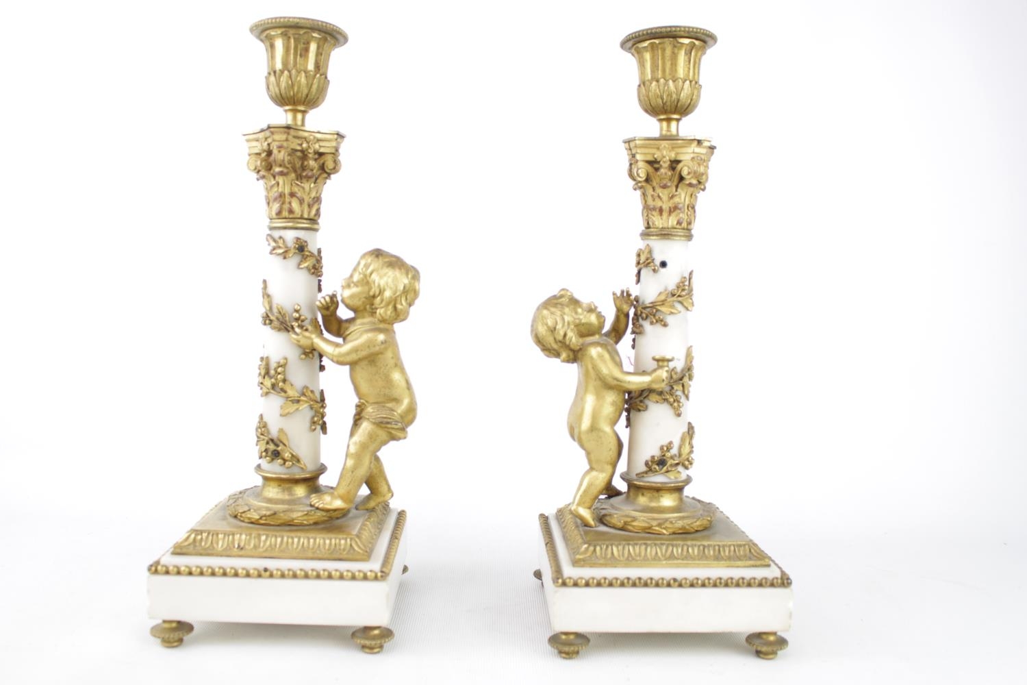 Pair of 19th century Louis XVI candlesticks of white Carrara marble and Ormolu design. 30cm in - Image 2 of 4