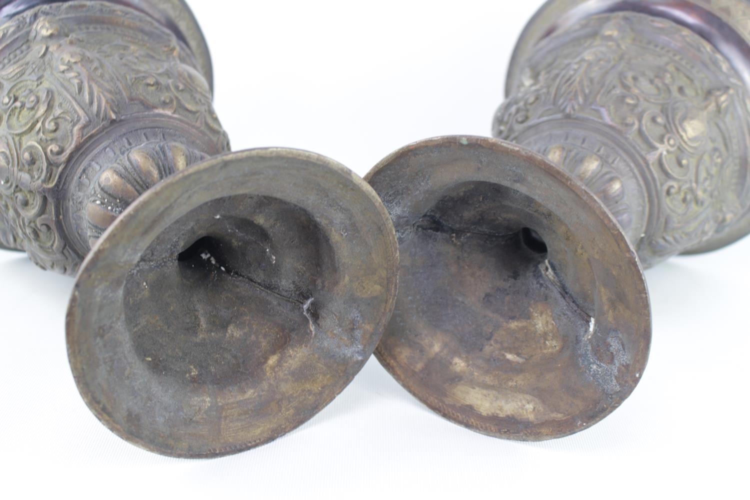 Pair of Late Victorian Heavy 2 part Cast Altar Goblet type vases with embossed Cherub and - Image 3 of 3