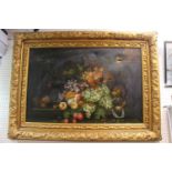 Large Ornate Gilt Gesso framed Oil on Canvas of a still life interior scene signed to bottom right